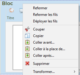 Rubrique sélectionnée : actions disponibles